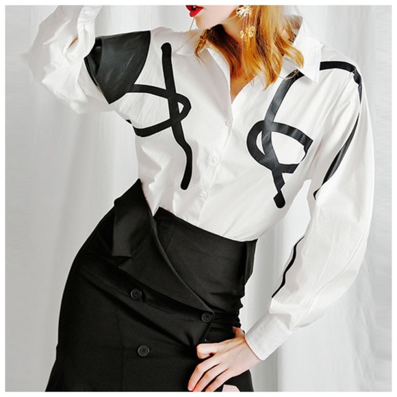 Tops - Black & White Vegan Leather Scroll Top
